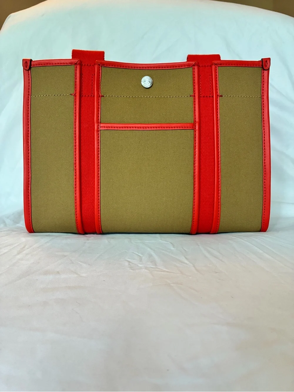 Tori Burch Tote Bag in Olive and Red with Logo Charm